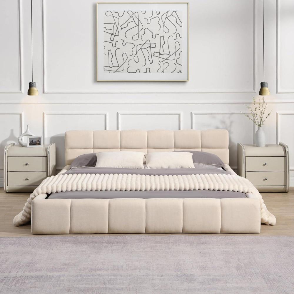 image:imageChristopher Knight Home Bettine Queen Size Bed Frame with Checkerboard Design Headboard Elegant Chenille Upholstered Bed Wooden Slats Easy Assembly Platform Bed No Box Spring Needed BeigeQueen