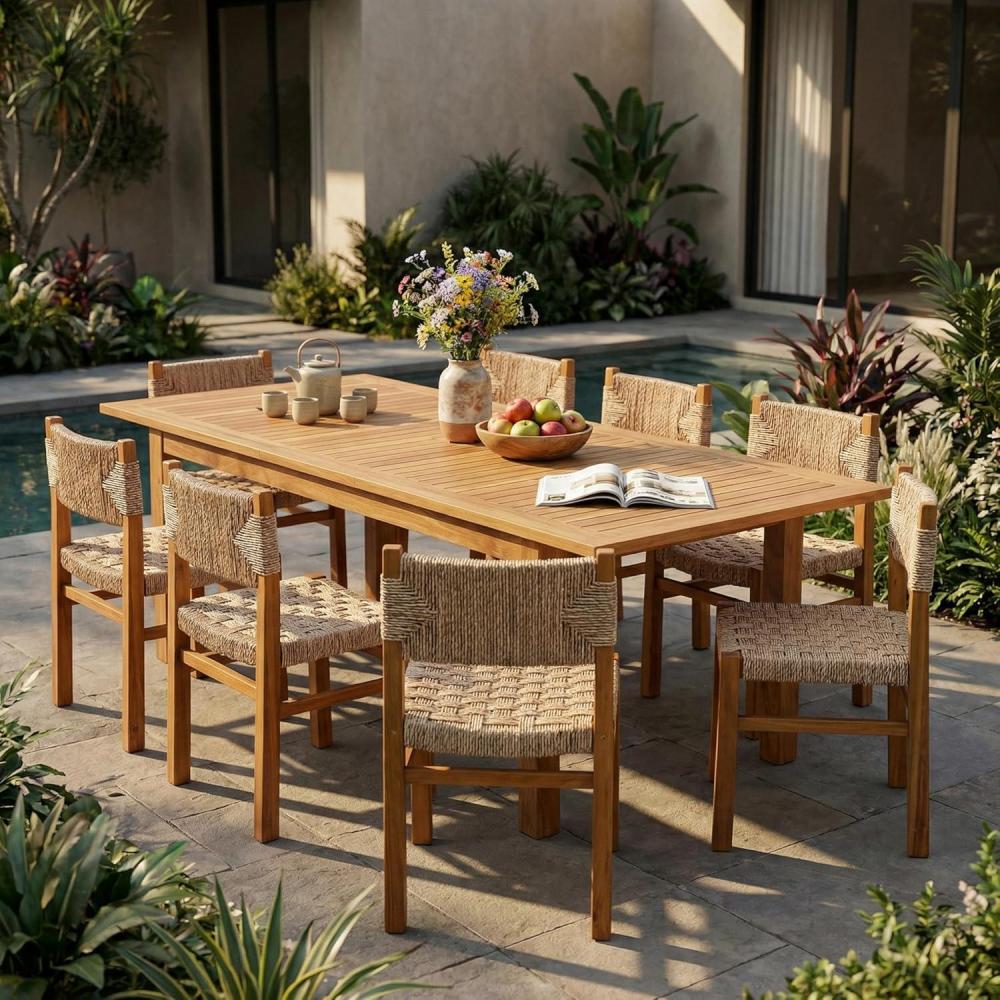 image:imageChristopher Knight Home Dudu 9Piece Outdoor Dining Set Acacia Wood Expandable Table with Umbrella Hole and 8 Wicker Chairs Patio Dining Furniture Set for GardenBackyard Light GreyTeakNaturalLight Brown 9 Piece