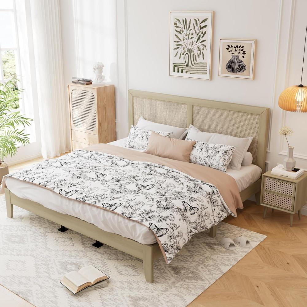 image:imageChristopher Knight Home Eudoca Natural Farmhouse Rubberwood Platform King Bed Frame with Woven Rattan Headboard Solid Wood Bed Bedroom Furniture No Box Spring Needed NoiseFree with Middle LegsNatural