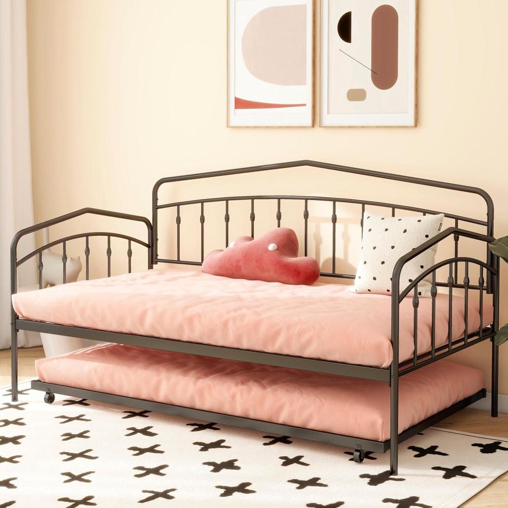 image:imageChristopher Knight Home Fox Twin Daybed with Trundle Metal Sofa Bed Set Rollaway Daybed Couch Bed Frame for Bedroom Living Room Guest Room Elegant and Simple Style AntiNoise Easy Assembly WhiteBlack