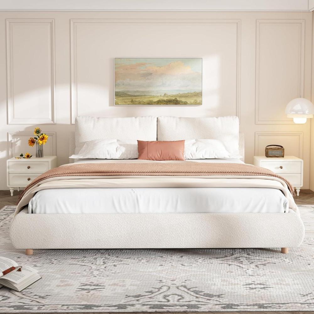 image:imageChristopher Knight Home Hazel King Size Bed Frame Upholstered Platform Bed Soft Boucle King Headboard Removable Pillows Headboard Wood Slats Bed No Box Spring Needed Easy Assembly White