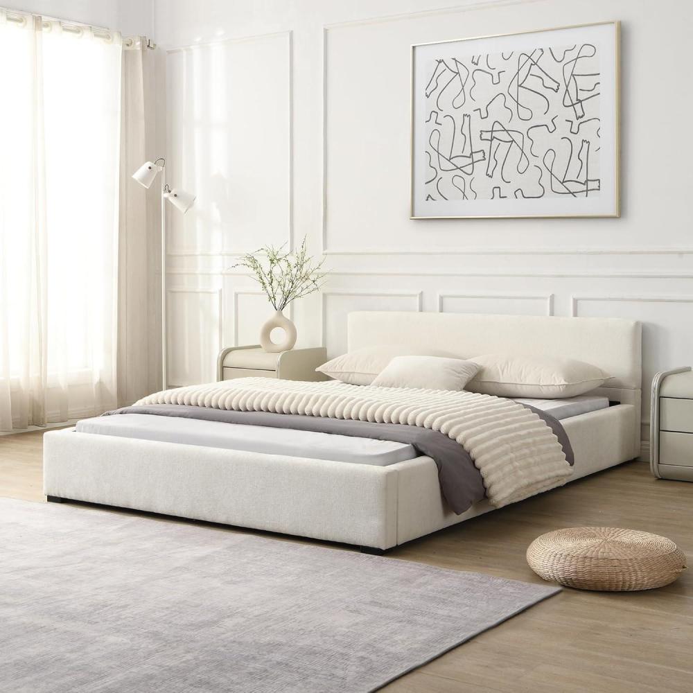 image:imageChristopher Knight Home MATA King Size Bed Frame Fabric Upholstered Bedframe with Headboard Wooden Bed Base with WideEdge Bedside Easy Assembly No Boxing Spring Needed BeigeQueen Size
