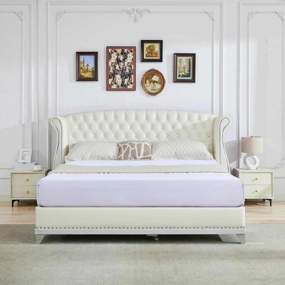 image:imageChristopher Knight Home Raelyn Velvet Upholsterted King Size Bed Frame with Headboard Rectangular King Bed Frame with Wingback Headboard Wood Platform Bed Frame No Box Spring Needed Navy BlueBeige