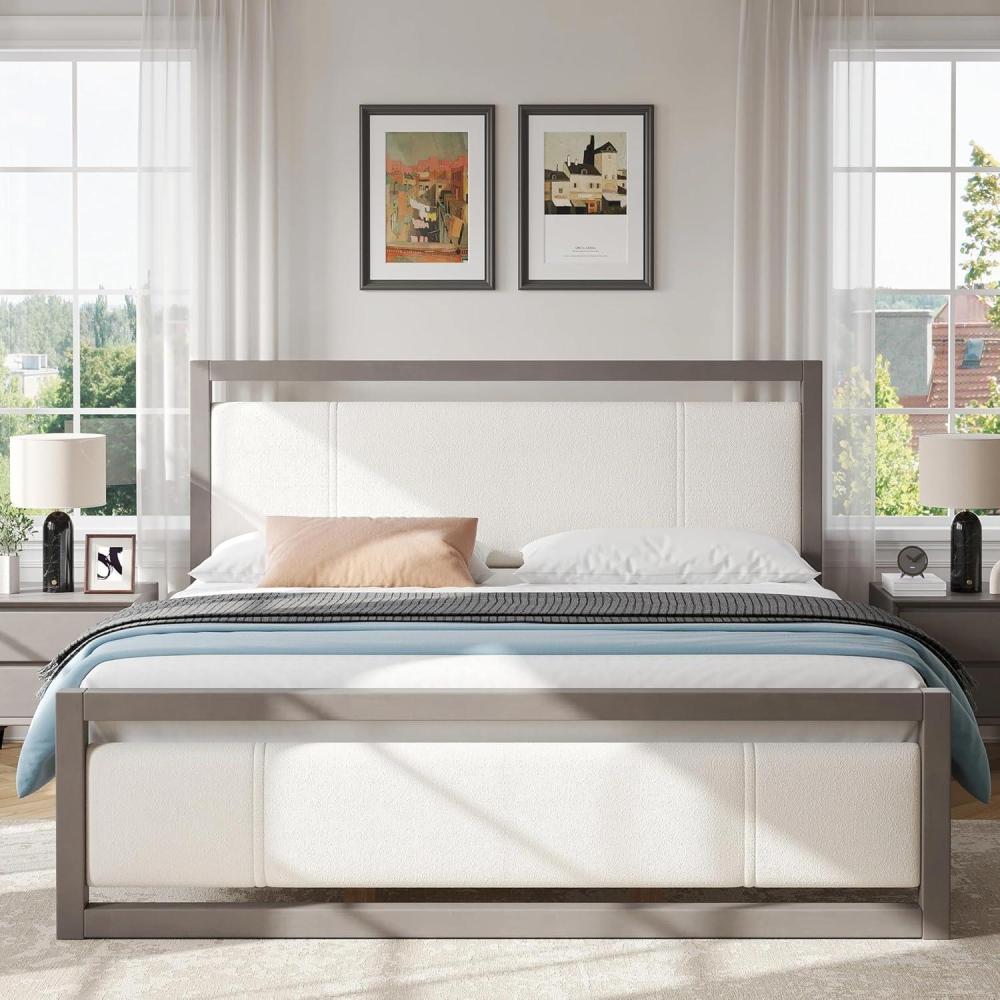image:imageChristopher Knight Home Ruby King Size Platform Bed Frame Ivory Boucle Fabric Upholstered Headboard and Footboard Wood Bed Support and Slat Fully Mattress Foundation No Box Spring Needed GrayKing