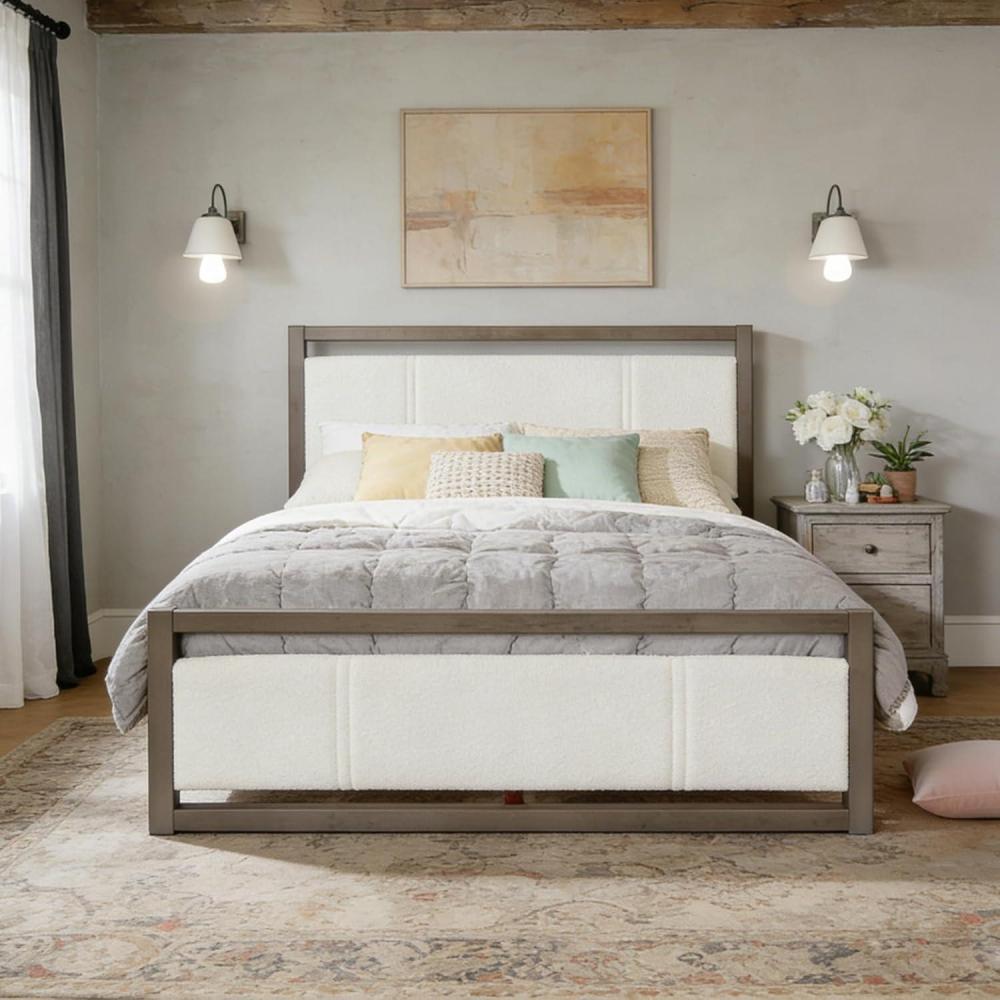 image:imageChristopher Knight Home Ruby King Size Platform Bed Frame Ivory Boucle Fabric Upholstered Headboard and Footboard Wood Bed Support and Slat Fully Mattress Foundation No Box Spring Needed GrayQueen