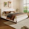 Christopher Knight Home Bettine Boucle Queen Size Bed Frame and Headboard, Upholstered Queen Size Headboard, Wooden Slat Panel Platform Bed, Brown Wood Leg, No Box Spring Needed, Easy Assembly, White(Brown Wood Leg)