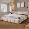 Christopher Knight Home Bettine Queen Size Bed Frame with Checkerboard Design Headboard, Elegant Chenille Upholstered Bed, Wooden Slats, Easy Assembly Platform Bed, No Box Spring Needed, Beige(Queen)