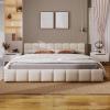 Christopher Knight Home Bettine Queen Size Bed Frame with Checkerboard Design Headboard, Elegant Chenille Upholstered Bed, Wooden Slats, Easy Assembly Platform Bed, No Box Spring Needed, Beige(King)