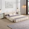 Christopher Knight Home Bettine Queen Size Bed Frame with Checkerboard Design Headboard, Elegant Chenille Upholstered Bed, Wooden Slats, Easy Assembly Platform Bed, No Box Spring Needed, Beige(Queen)
