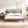 Christopher Knight Home Solis Queen Size Bed, Faux Leather Headboard, Upholstered Queen Headboard, Slats Panel Support Platform, No Spring Box Needed, Wood Leg Bed with Lamp, Easy Assembly Brown+Gray(Full)