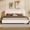 Christopher Knight Home Bettine Boucle Queen Size Bed Frame and Headboard, Upholstered Queen Size Headboard, Wooden Slat Panel Platform Bed, Brown Wood Leg, No Box Spring Needed, Easy Assembly, White(Brown Wood Leg)