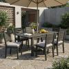 Christopher Knight Home Chivo 7-Piece Acacia Wood Outdoor Dining Set, Extendable Dining Table with Umbrella Hole and 6 Armless Chairs with Cushions, Patio Dining Furniture Set, Light Grey+Dark Grey(Set for 6)