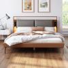 Christopher Knight Home Solis Queen Size Bed, Faux Leather Headboard, Upholstered Queen Headboard, Slats Panel Support Platform, No Spring Box Needed, Wood Leg Bed with Lamp, Easy Assembly Brown+Gray(Queen)