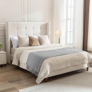 Christopher Knight Home Bacro 54″ H Tall Headboard Upholstered Bed, Queen Size Bed, Slat Support Camelback Bed, Wingback Headboard, No Box Spring Needed, Easy Assembly Chenille Headboard Bed, Ivory(Ivory)