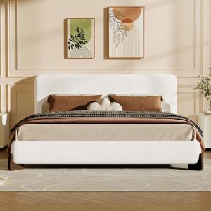 Christopher Knight Home Bettine Boucle Queen Size Bed Frame and Headboard, Upholstered Queen Size Headboard, Wooden Slat Panel Platform Bed, Brown Wood Leg, No Box Spring Needed, Easy Assembly, White(Brown Wood Leg)