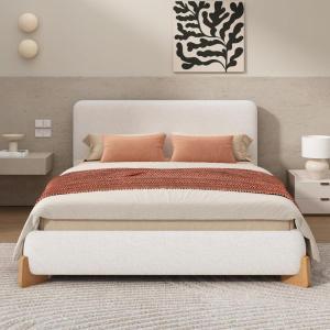 Christopher Knight Home Bettine Boucle Queen Size Bed Frame and Headboard, Upholstered Queen Size Headboard, Wooden Slat Panel Platform Bed, Brown Wood Leg, No Box Spring Needed, Easy Assembly, White(Natural Wood Leg)