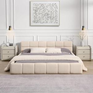 Christopher Knight Home Bettine Queen Size Bed Frame with Checkerboard Design Headboard, Elegant Chenille Upholstered Bed, Wooden Slats, Easy Assembly Platform Bed, No Box Spring Needed, Beige(Queen)