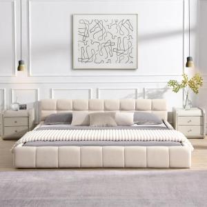 Christopher Knight Home Bettine Queen Size Bed Frame with Checkerboard Design Headboard, Elegant Chenille Upholstered Bed, Wooden Slats, Easy Assembly Platform Bed, No Box Spring Needed, Beige(King)