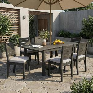 Christopher Knight Home Chivo 7-Piece Acacia Wood Outdoor Dining Set, Extendable Dining Table with Umbrella Hole and 6 Armless Chairs with Cushions, Patio Dining Furniture Set, Light Grey+Dark Grey(Set for 6)