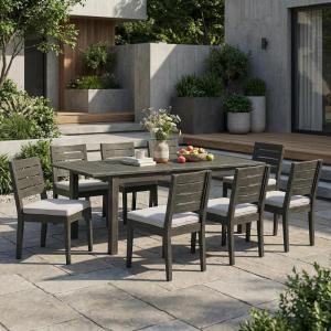 Christopher Knight Home Chivo 7-Piece Acacia Wood Outdoor Dining Set, Extendable Dining Table with Umbrella Hole and 6 Armless Chairs with Cushions, Patio Dining Furniture Set, Light Grey+Dark Grey(Set for 8)