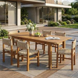 Christopher Knight Home Dudu 9-Piece Outdoor Dining Set Acacia Wood, Expandable Table with Umbrella Hole and 8 Wicker Chairs, Patio Dining Furniture Set for Garden/Backyard, Light Grey+Teak+Natural(Light Grey 7 Piece)