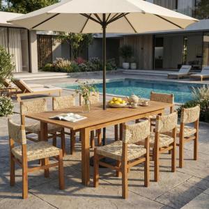 Christopher Knight Home Dudu 9-Piece Outdoor Dining Set Acacia Wood, Expandable Table with Umbrella Hole and 8 Wicker Chairs, Patio Dining Furniture Set for Garden/Backyard, Light Grey+Teak+Natural(Light Grey 9 Piece)