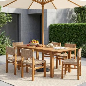 Christopher Knight Home Dudu 9-Piece Outdoor Dining Set Acacia Wood, Expandable Table with Umbrella Hole and 8 Wicker Chairs, Patio Dining Furniture Set for Garden/Backyard, Light Grey+Teak+Natural(Light Brown 7 Piece)