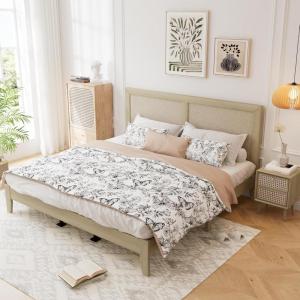 Christopher Knight Home Eudoca Natural Farmhouse Rubberwood Platform King Bed Frame with Woven Rattan Headboard, Solid Wood Bed, Bedroom Furniture, No Box Spring Needed, Noise-Free with Middle Legs(Natural)