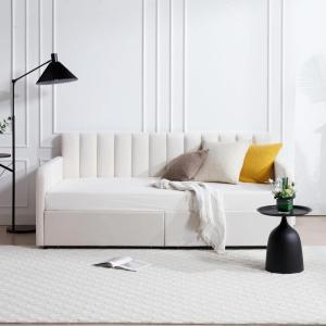 Christopher Knight Home Flora Twin Size Upholstered Daybed with 2 Drawers, Futon Sofa Bed with Storage, Lavish Design Ribbed Tufted Backrest, Couch Bed Frame for Bedroom Living Room, Beige Velvet(Beige Velvet With 2 Drawers)