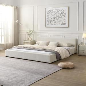 Christopher Knight Home MATA King Size Bed Frame, Fabric Upholstered Bedframe with Headboard, Wooden Bed Base with Wide-Edge Bedside, Easy Assembly, No Boxing Spring Needed, Beige(King Size)