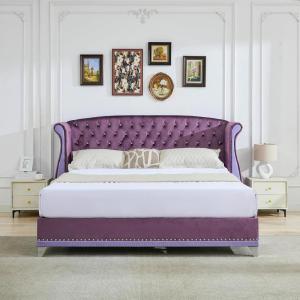 Christopher Knight Home Raelyn Velvet Upholsterted King Size Bed Frame with Headboard, Rectangular King Bed Frame with Wingback Headboard, Wood Platform Bed Frame, No Box Spring Needed, Navy Blue(Purple)