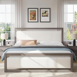 Christopher Knight Home Ruby King Size Platform Bed Frame, Ivory Boucle Fabric Upholstered Headboard and Footboard, Wood Bed Support and Slat, Fully Mattress Foundation, No Box Spring Needed, Gray(King)