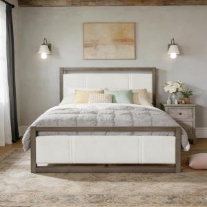 Christopher Knight Home Ruby King Size Platform Bed Frame, Ivory Boucle Fabric Upholstered Headboard and Footboard, Wood Bed Support and Slat, Fully Mattress Foundation, No Box Spring Needed, Gray(Queen)