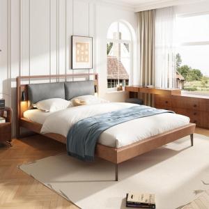 Christopher Knight Home Solis Queen Size Bed, Faux Leather Headboard, Upholstered Queen Headboard, Slats Panel Support Platform, No Spring Box Needed, Wood Leg Bed with Lamp, Easy Assembly Brown+Gray(Full)