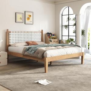 Christopher Knight Home Solis Queen Size Platform Bed, Woven Rope Headboard, Solid Wood Frame with Faux Leather Back, Slats Panel Support, Easy Assembly, No Box Spring Needed, 800 lbs Natural+White