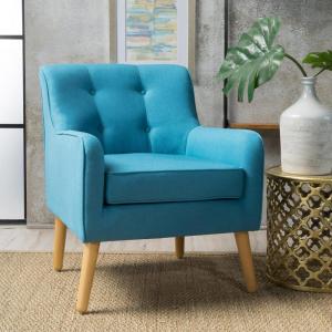 Christopher Knight Home Felicity Mid-Century Modern Fabric Upholstered Accent Chair, Wooden Living Room Club Chair, Bedroom Comfy Reading Chair, Navy Blue(Teal)