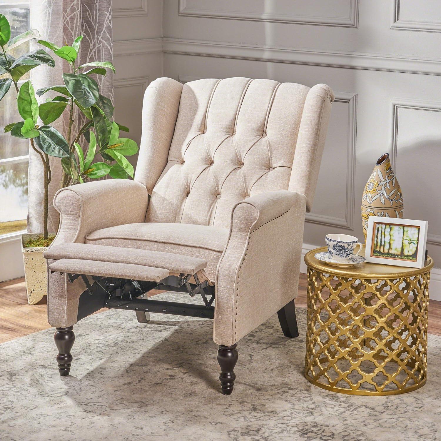 image:imageCHRISTOPHER KNIGHT HOME GDF Studio Elizabeth Tufted Fabric Recliner Vintage Reclining Reading Armchair Light BeigeGeometric