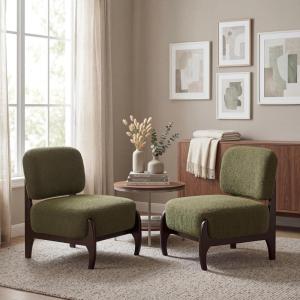 Christopher Knight Home Faron Modern Boucle Upholstered Accent Chair Set of 2, Wooden Armless Club Chair for Living Room, Bedroom Comfy Reading Chair Set, Beige(Olive Green)