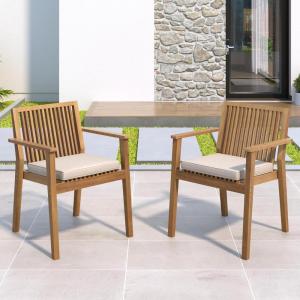 Christopher Knight Home Roxy Acacia Wood Outdoor Dining Chairs Set of 2 with Removable Cushion, Wooden Patio Dining Armchair Set, Garden Furniture Patio Chairs Set for Outdoor Dinner, Brown+Beige(Brown+beige)