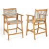 Christopher Knight Home Pleta Patio Barstool Set of 2, Acacia Wood & Beige Rope Outdoor Counter Stool with Armrest/Footrest, Natural Wooden Barstool Chairs for Backyard Balcony Garden, Beige + Teak