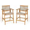 Christopher Knight Home Pleta Patio Barstool Set of 2, Acacia Wood & Beige Rope Outdoor Counter Stool with Armrest/Footrest, Natural Wooden Barstool Chairs for Backyard Balcony Garden, Beige + Teak