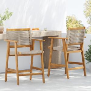 Christopher Knight Home Pleta Patio Barstool Set of 2, Acacia Wood & Beige Rope Outdoor Counter Stool with Armrest/Footrest, Natural Wooden Barstool Chairs for Backyard Balcony Garden, Beige + Teak