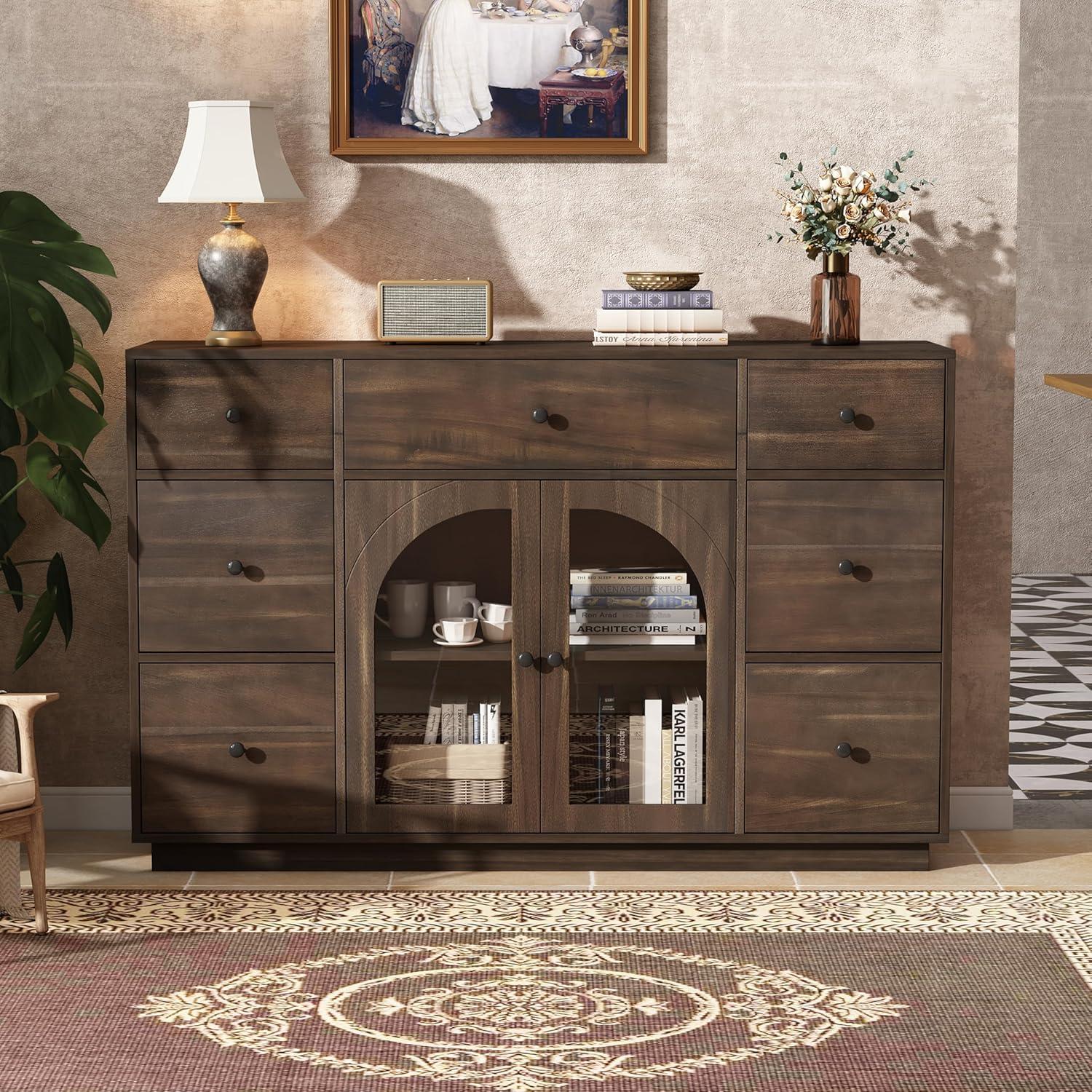 image:imageChristopher Knight Home Mia Modern Storage Cabinet with Doors and Drawers Wooden Sideboard Cabinet with Adjustable Shelf Freestanding Buffet Cabinet with Storage for Dining Room BlackDark Brown