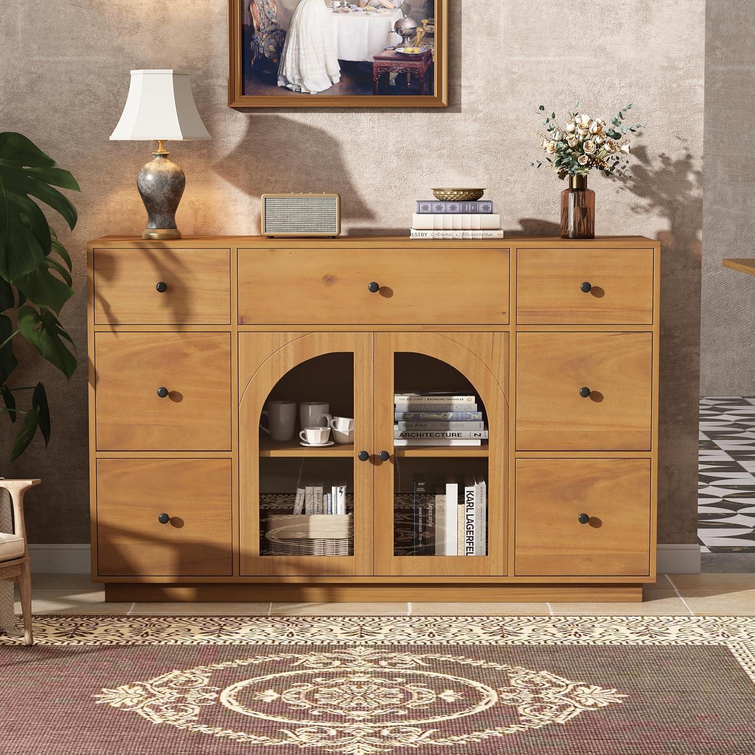 image:imageChristopher Knight Home Mia Modern Storage Cabinet with Doors and Drawers Wooden Sideboard Cabinet with Adjustable Shelf Freestanding Buffet Cabinet with Storage for Dining Room BlackNatural