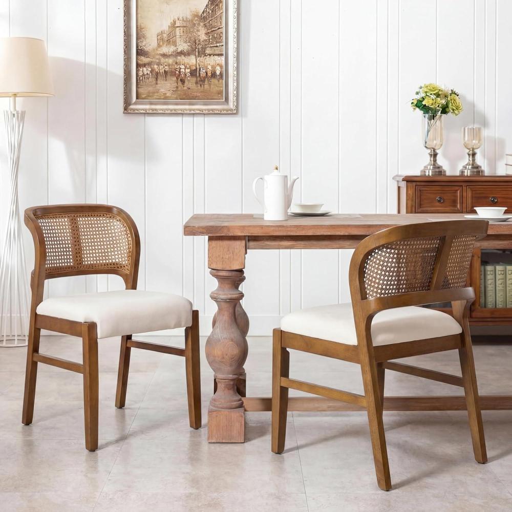 image:imageChristopher Knight Home Cayde Upholstered Dining Chairs Set of 2 Kitchen Side Chair with Cane Backrest Rubberwood Dining Room Chair Extra Seat for Living Room WalnutBeigeWalnutbeige