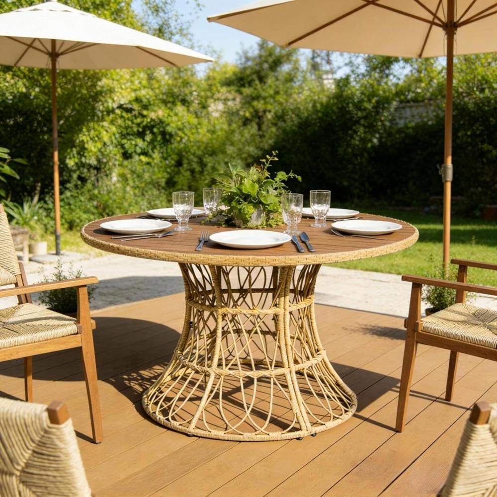 image:imageChristopher Knight Home Pella Farmhouse Acacia Wood Round Dining Table for 46 People Patio Dining Room Table with Handwoven Wicker Base for BackyardGarden Slatted Design Outdoor Patio Table BrownTeak