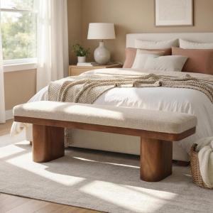 Christopher Knight Home 55″ Chenille Upholstered Bench with Solid Rubber Wood Legs, Modern Farmhouse Bedroom Bench, Padded Entryway Bench Seat, Dining Bench for Living Room End of Bed, Light Brown(Light Brown)