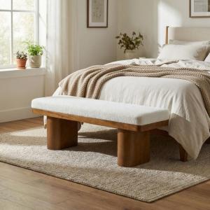 Christopher Knight Home 55″ Chenille Upholstered Bench with Solid Rubber Wood Legs, Modern Farmhouse Bedroom Bench, Padded Entryway Bench Seat, Dining Bench for Living Room End of Bed, Light Brown(Beige)