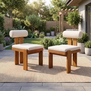 Christopher Knight Home Acker Outdoor Dining Chairs Set of 2 with Cylindrical Backrest, Acacia Wood Dining Room Chair with Thick Cushion, Comfy Outdoor Chairs Set of 2 and Flat Legs, Beige + Teak(Beige + Teak)