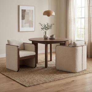 Christopher Knight Home Cabelo Boucle Upholstered Dining Chairs Set of 2, Sturdy Wooden Dining Chair with Curved Back, Modern Armchairs and Thick Cushions, Versatile Indoor Usage, Almond + Walnut(Almond + Walnut)